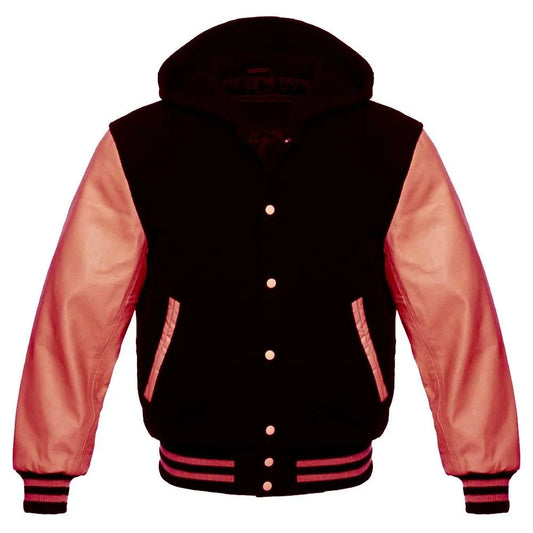 A black and pink Champion Varsity Hoodie with a hood, featuring a front pouch, ribbed cuffs and hem, and a quilted diamond lining visible on the inside.