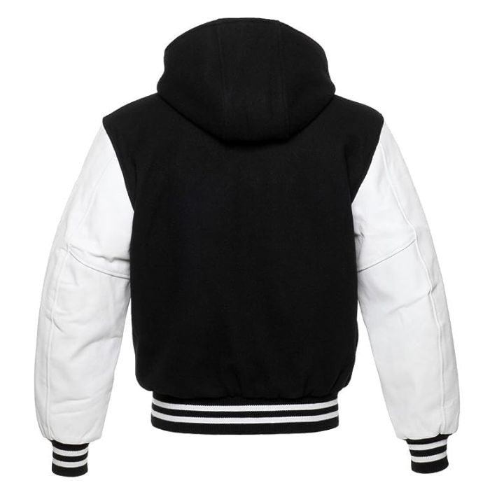 Black and White Hooded Varsity Jacket Back Side
