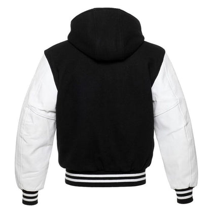 Black and White Hooded Varsity Jacket Back Side
