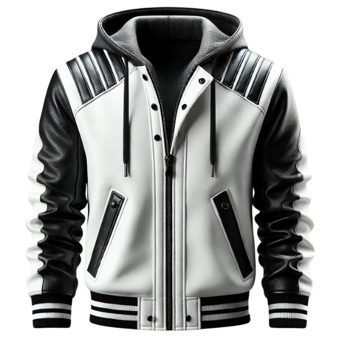 Black and White Quilted Varsity Leather Hoodie