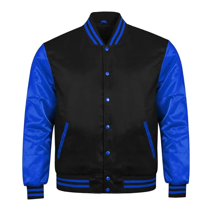 Black and Royal Blue Satin Varsity Jacket