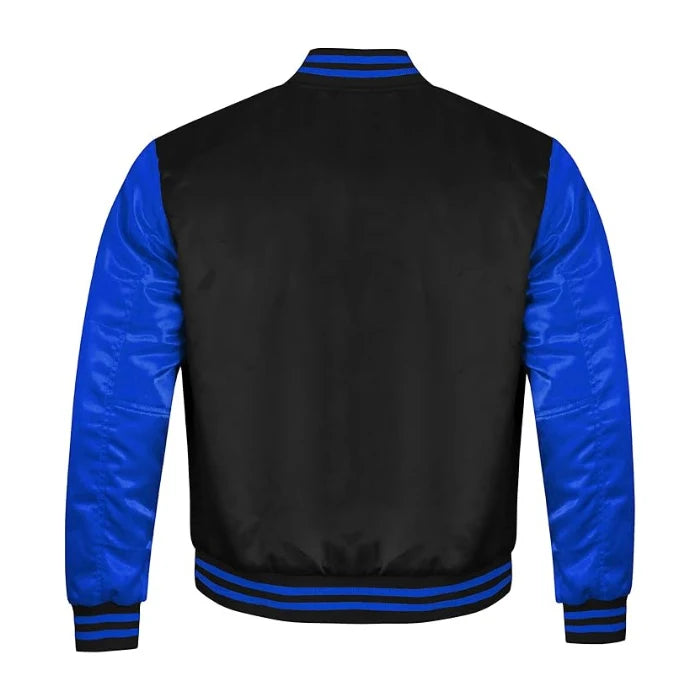 Black and Royal Blue Satin Varsity Jacket Back Side