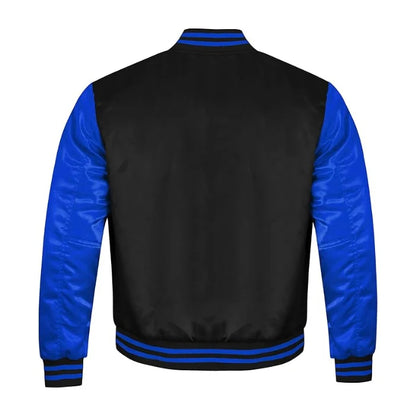 Black and Royal Blue Satin Varsity Jacket Back Side