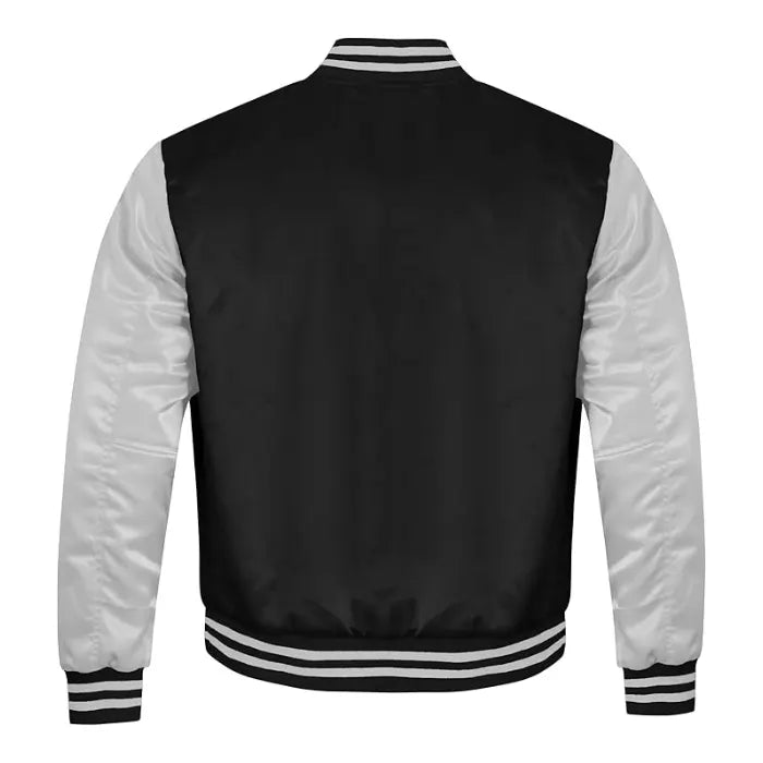 Black and White Satin Varsity Jacket Back Side