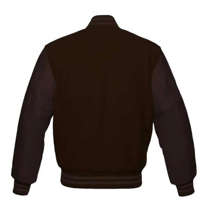Brown Varsity Jacket shown from the back on a white background