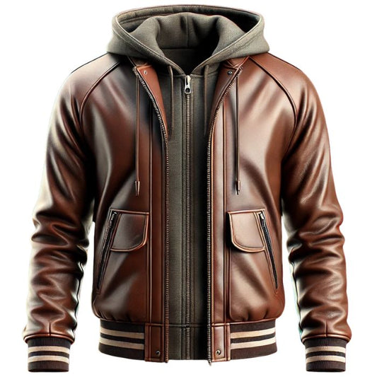 Brown Leather Hoodie Jacket