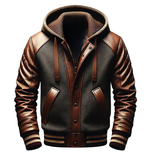 Brown Quilted Varsity Leather Hoodie