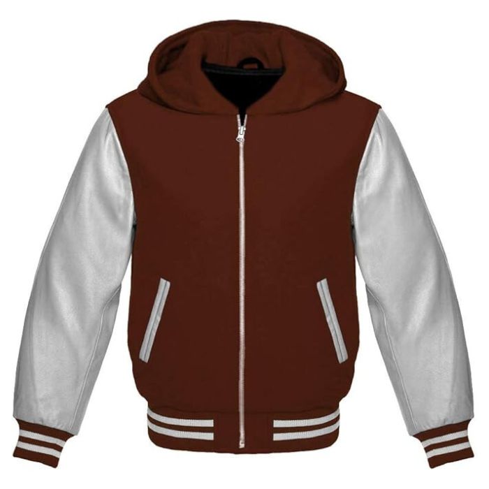 Brown and Silver Varsity Zipper Hooded Jacket