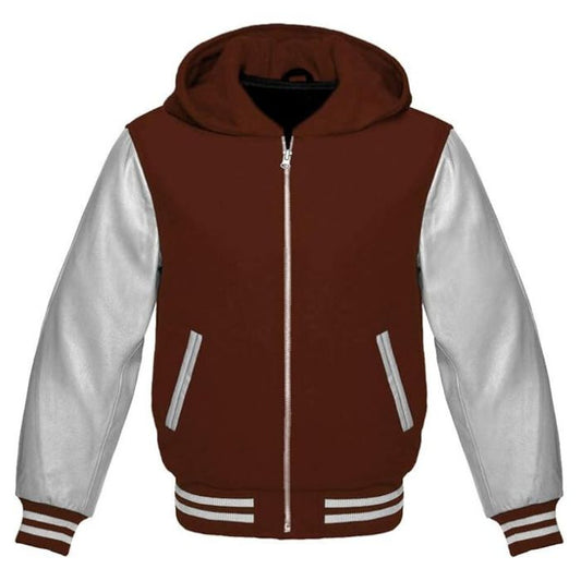 Brown and Silver Varsity Zipper Hooded Jacket