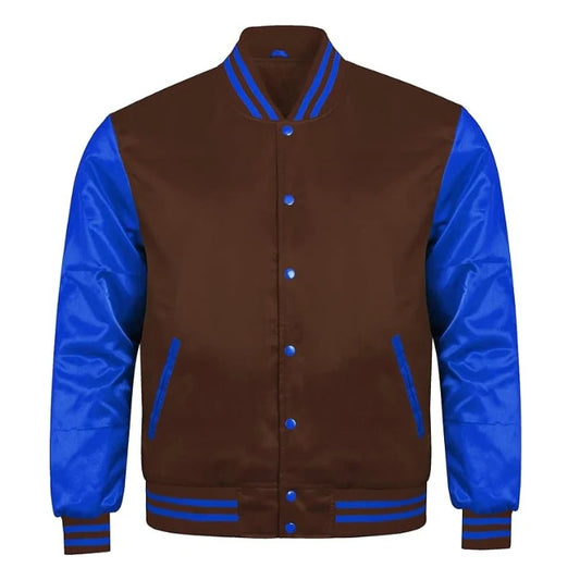 Brown and Royal Blue Satin Varsity Jacket