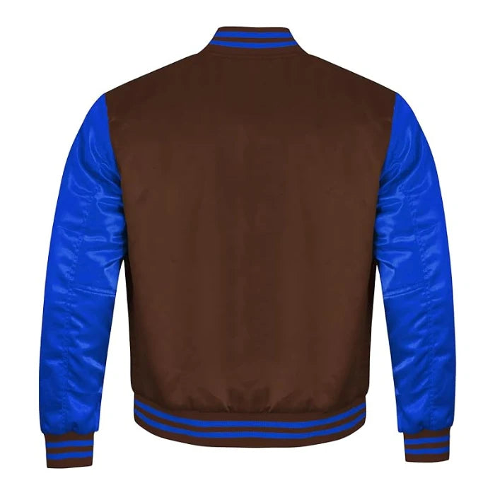 Brown and Royal Blue Satin Varsity Jacket Back Side