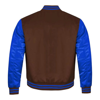 Brown and Royal Blue Satin Varsity Jacket Back Side