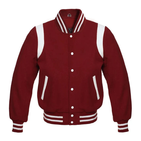 Cardinal Red Wool Varsity Jacket with White Shoulder Stripes