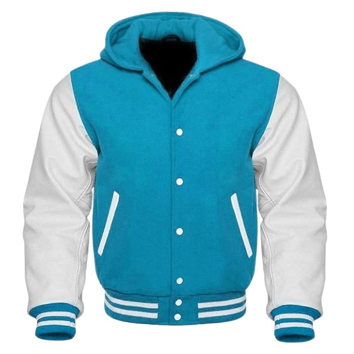 Cyan and White Letterman Hoodie