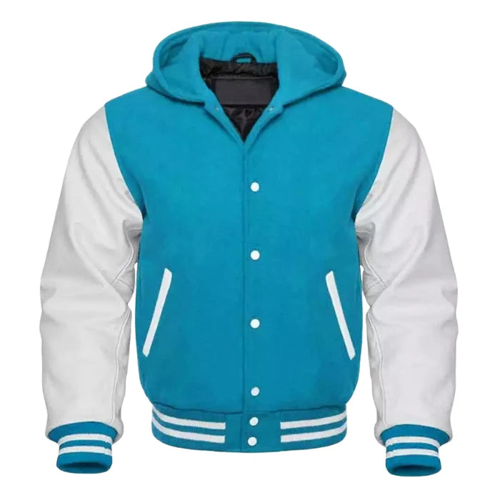 Cyan and White Varsity Jacket with Hood
