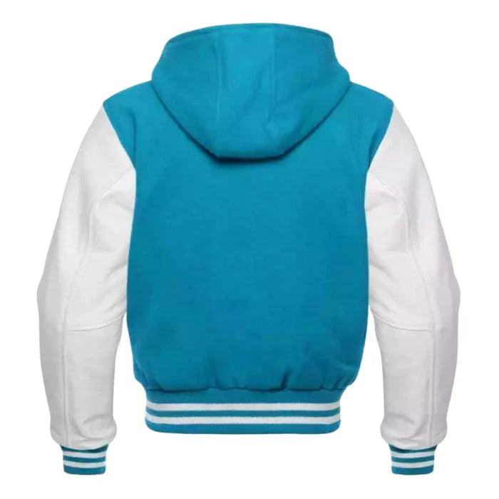 Cyan and White Varsity Jacket with Hood Back Side