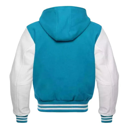 Cyan and White Varsity Jacket with Hood Back Side