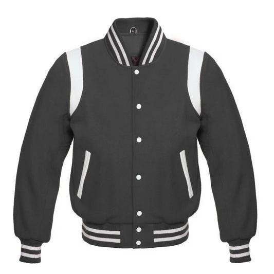 Dark Grey Wool Varsity Jacket with White Shoulder Stripes