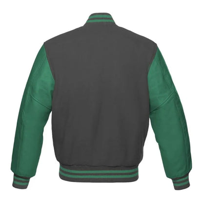 Dark Grey and Green Varsity Jacket Back Side