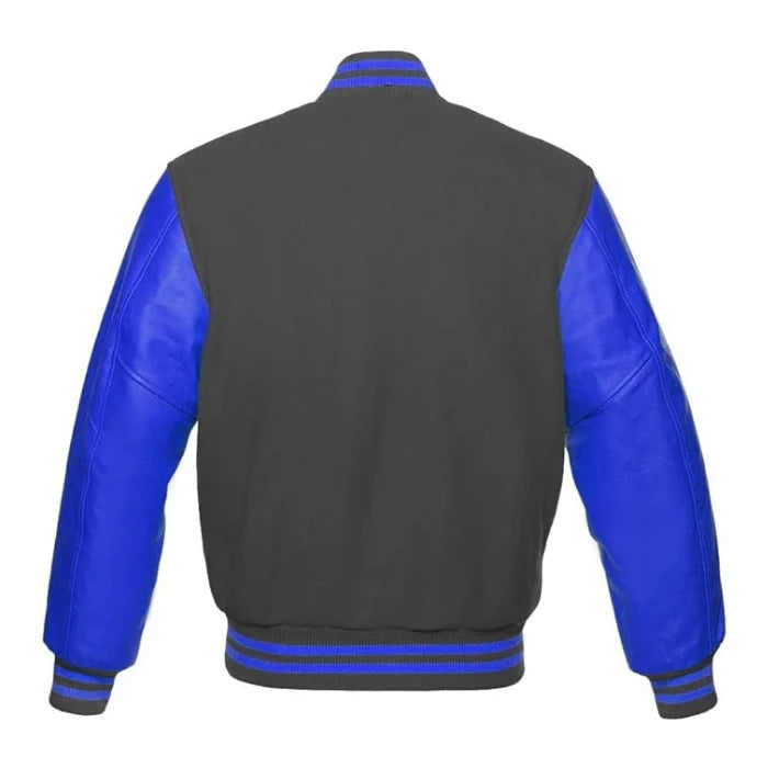 Dark Grey and Royal Blue Varsity Jacket Back Side