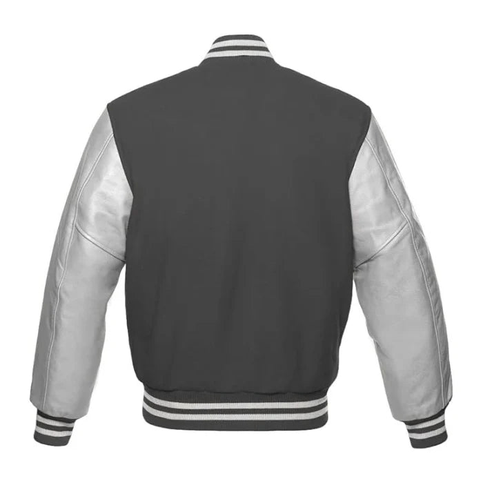 Dark Grey and Silver Varsity Jacket Back Side