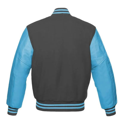 Dark Grey and Sky Blue Varsity Jacket Back Side