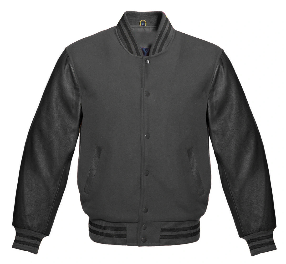 Dark Grey Varsity Jacket with Black Leather Sleeves