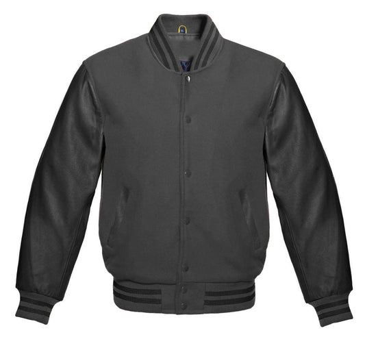 Dark Grey Varsity Jacket with Black Leather Sleeves