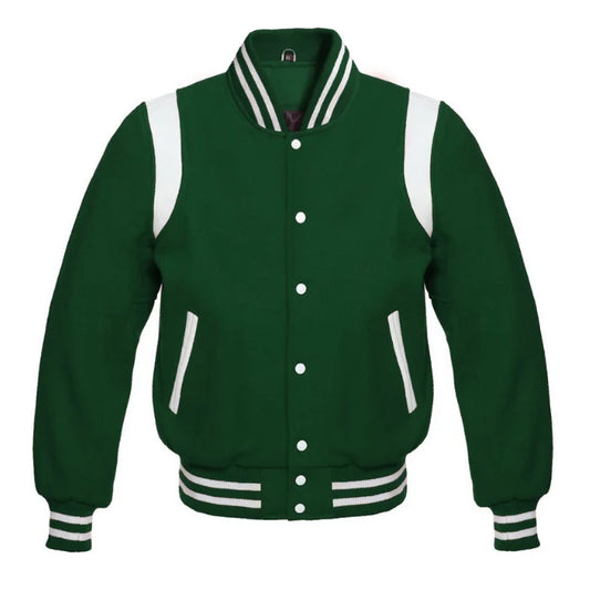 Forest Green Wool Varsity Jacket with White Shoulder Stripes
