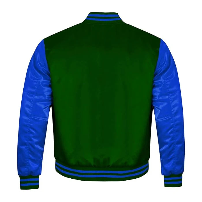 Forest Green and Royal Blue Satin Varsity Jacket Back Side