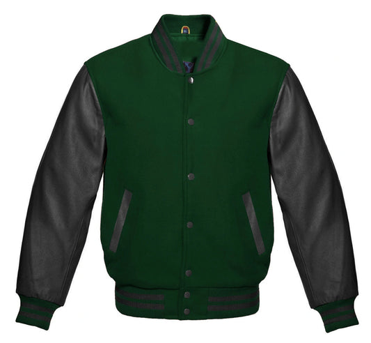 Forest Green Varsity Jacket with Black Leather Sleeves