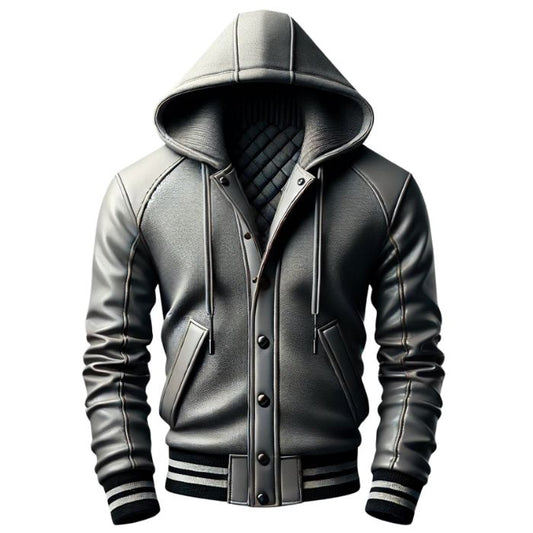 Gray Quilted Varsity Leather Hoodie