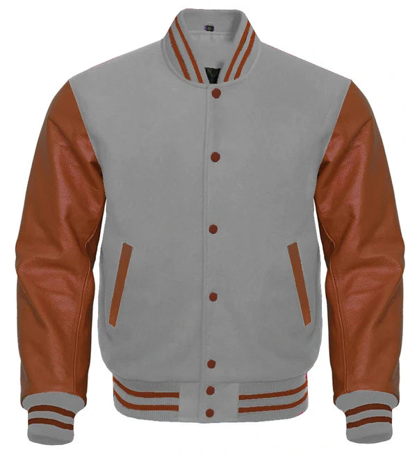  Gray Varsity Jacket With Brown Sleeves Women 