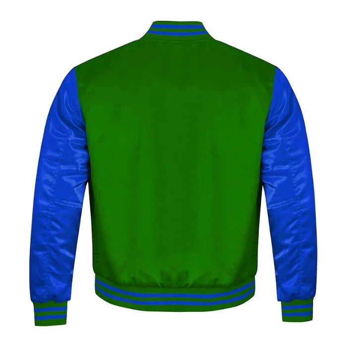 Green and Royal Blue Satin Varsity Jacket Back Side
