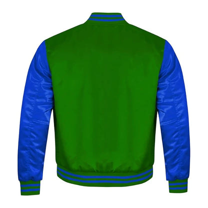 Green and Royal Blue Satin Varsity Jacket Back Side