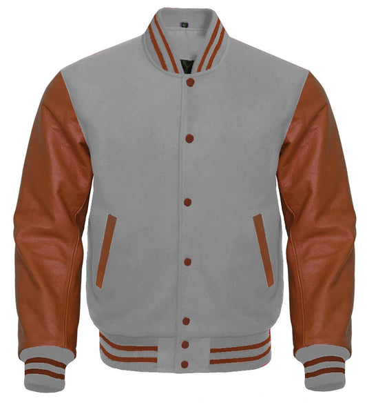 Grey Varsity Jacket with Brown Sleeves 