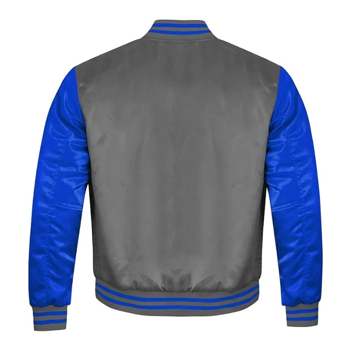 Grey and Royal Blue Satin Varsity Jacket Back Side