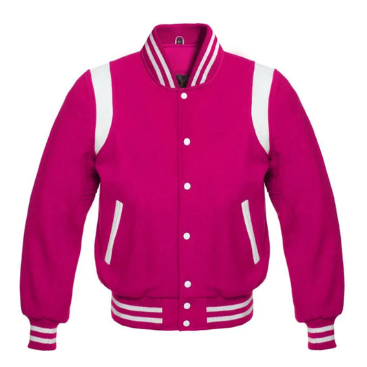 Hot Pink Wool Varsity Jacket with White Shoulder Stripes
