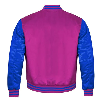 Hot Pink and Royal Blue Satin Varsity Jacket Back Side