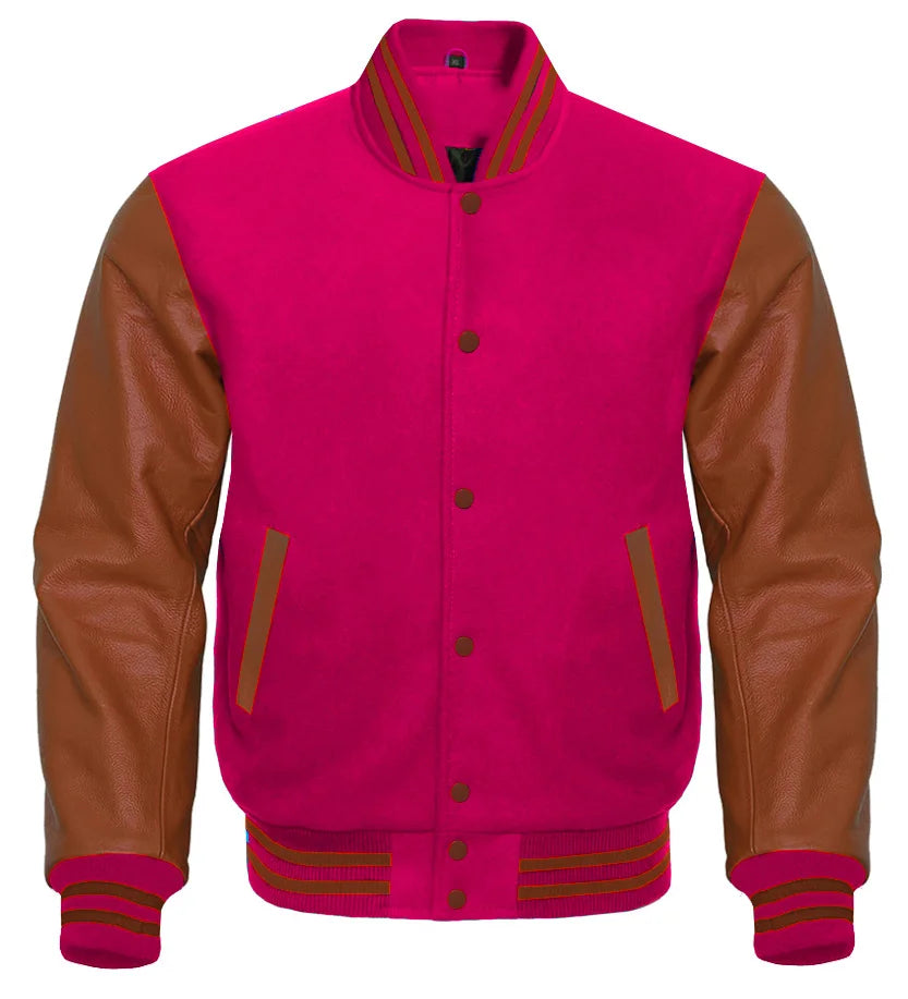 Hot Pink Letterman Jacket with Brown Sleeves