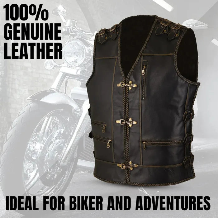 Black leather vest with gold accents on a motorcycle-themed background