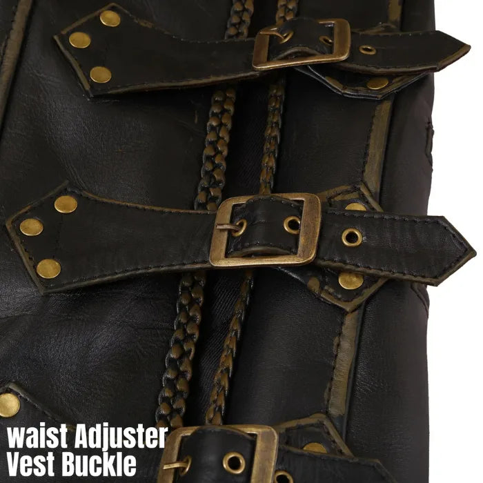 Close-up of a black leather vest with brass buckles and chains on a white background.