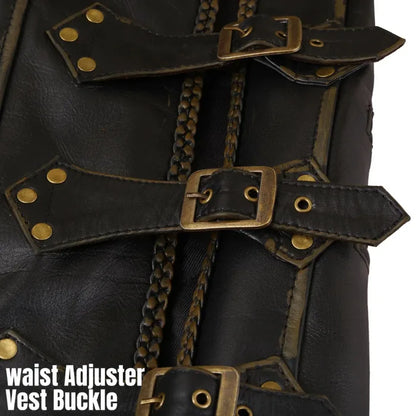Close-up of a black leather vest with brass buckles and chains on a white background.