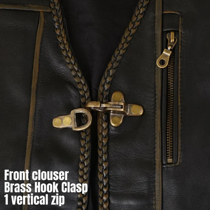 Close-up of a black leather vest with brass clasp and zipper