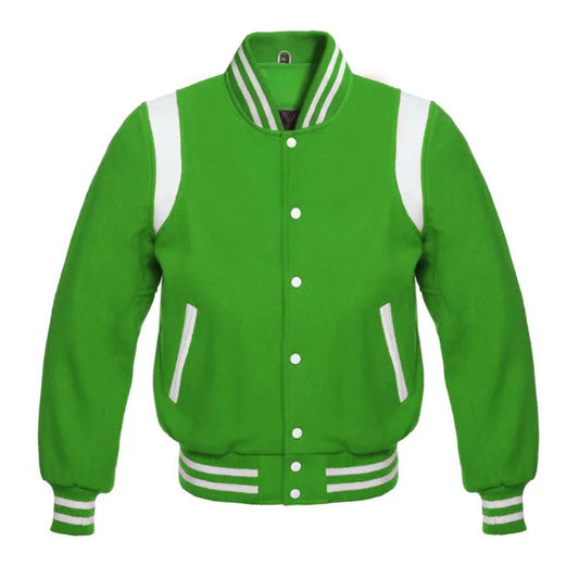 Kelly Green Wool Varsity Jacket with White Shoulder Stripes
