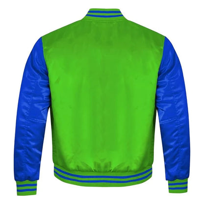Kelly Green and Royal Blue Satin Varsity Jacket Back Side
