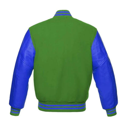 Kelly Green and Royal Blue Varsity Jacket Back Side