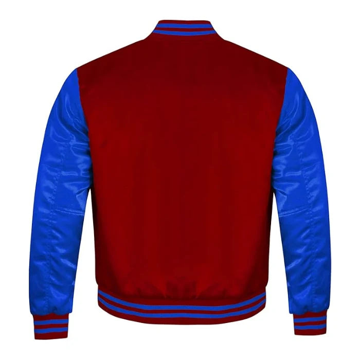 Maroon and Royal Blue Satin Varsity Jacket Back Side 