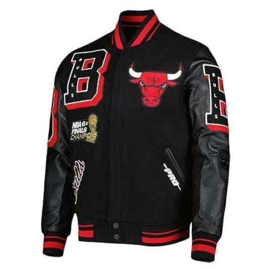 Men's Chicago Bulls Black Varsity Jacket front view with Bulls logo and chenille patches