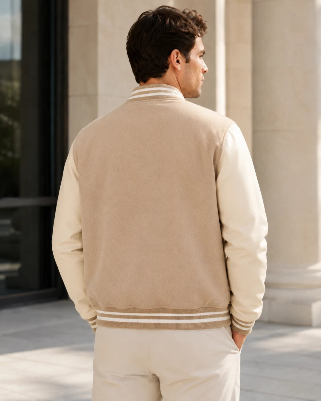 Back view of a blank men’s beige varsity jacket with cream leather sleeves